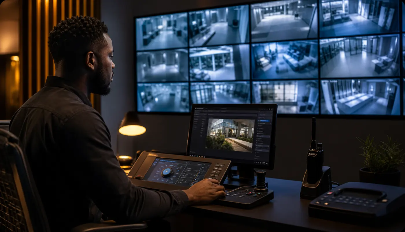 Security specialist configuring professional CCTV monitoring
